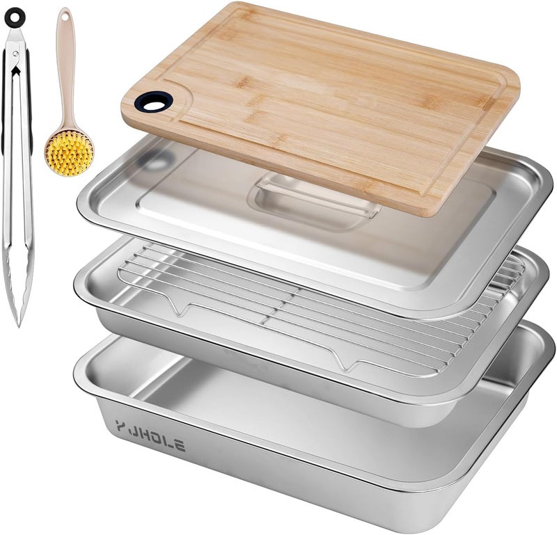 YJHOLE Grilling Prep and Serve Trays,Stainless Steel Large Capacity Food Prep Trays with Lid, Cutting Board Cooling Rack Food Tongs and Cleaning Brush,BBQ Accessories Gift - Image 1